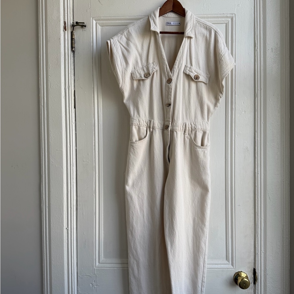 Zara  Cotton Cream Jumpsuit Large